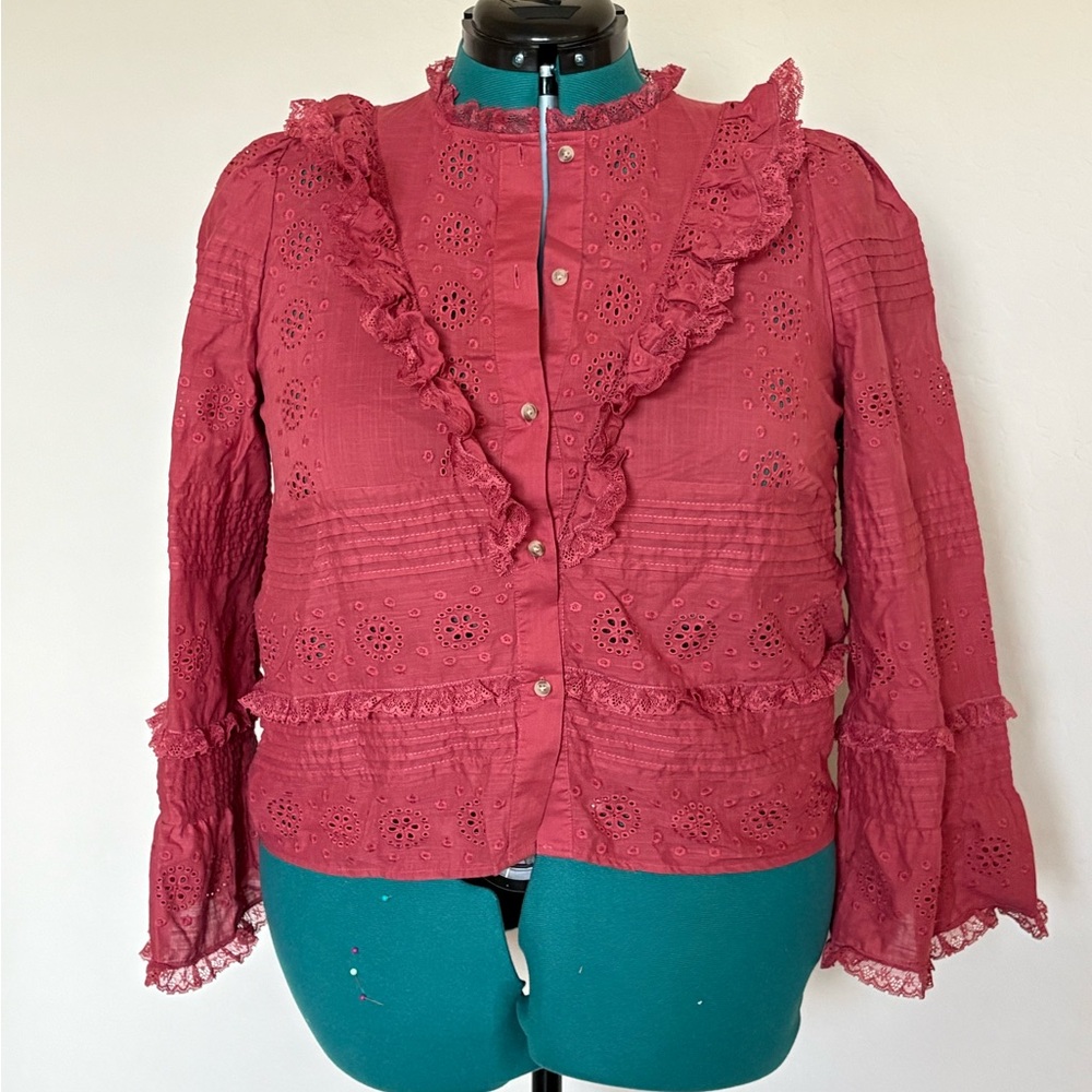 Sezane Lace Ruffle Blouse - Red